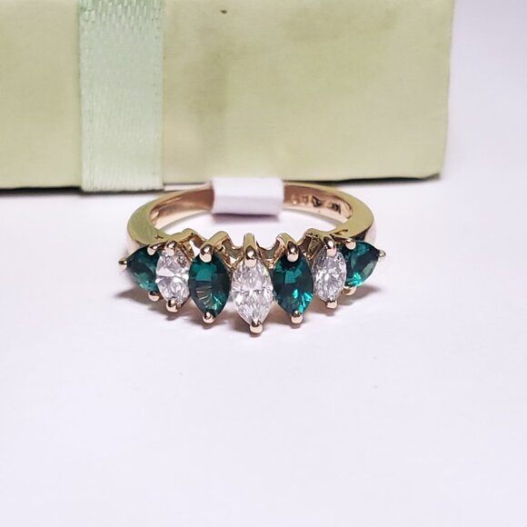 Estate 1.16ctw Natural Mq Dia &Lab Created Emerald 14Kt YG Anniversary Ring23118 - Picture 5 of 6